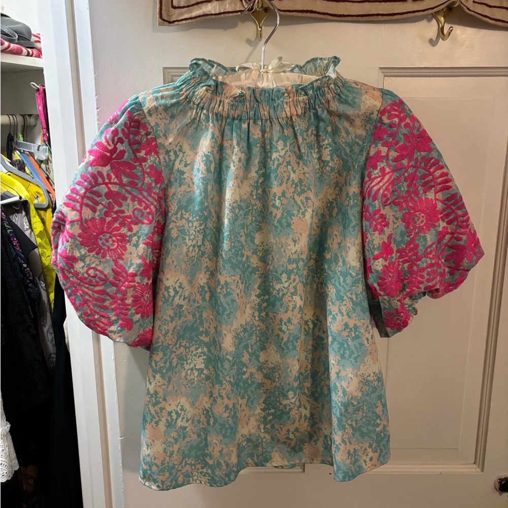 THML top from Avara Floral Puff Sleeve Top - Pink and Blue